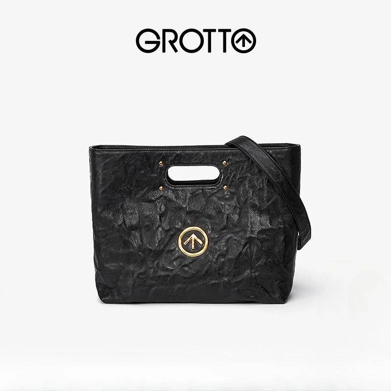 GROTTO Black Stone CARRY Italian Sheepskin Trendy Large Capacity Tote Bag Lightweight And Portable