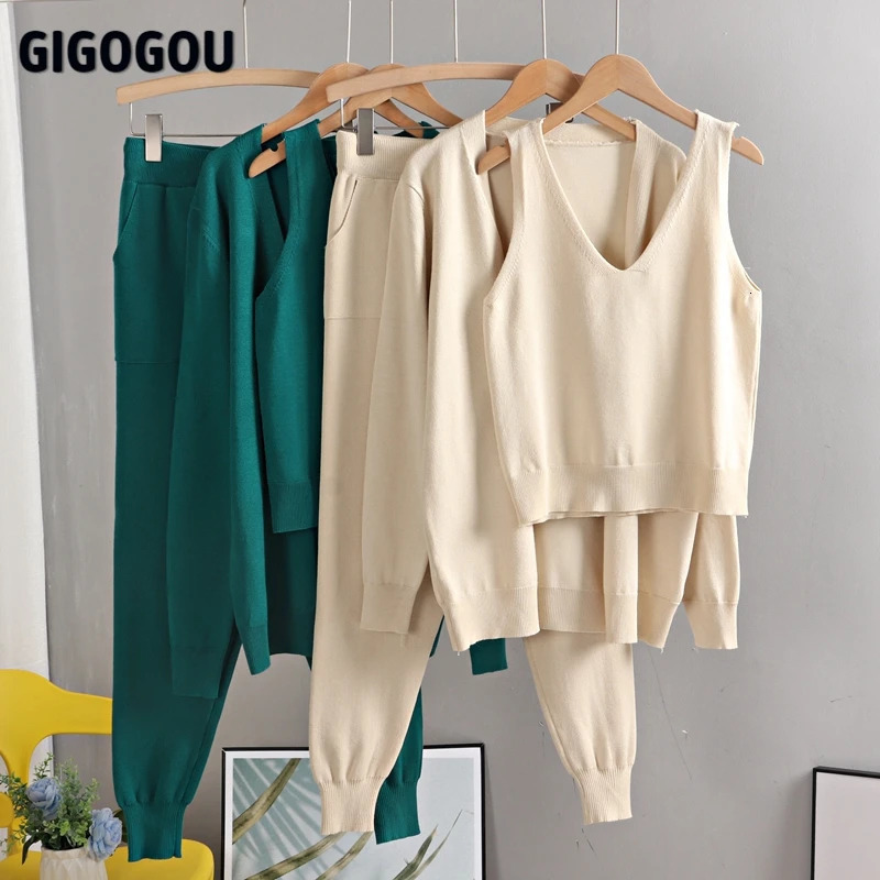 GIGOGOU Spring Autumn 3 Piece Women Cardigan Tracksuits Fashion Knitted Pocket Pant Set Ladies Sweater Suit 250818