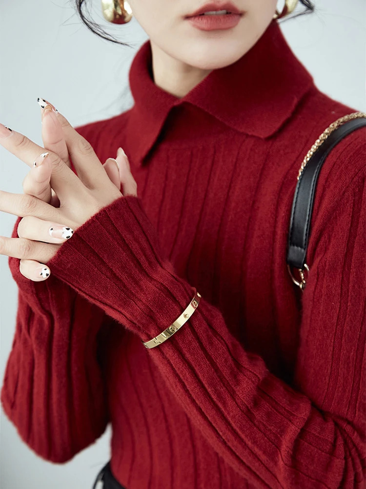 Polo Collar Women Knitted Sweater Long Sleeve Slim Fit Pullovers Autumn Winter Sweaters Soft Warm Bottoming Tops 250818