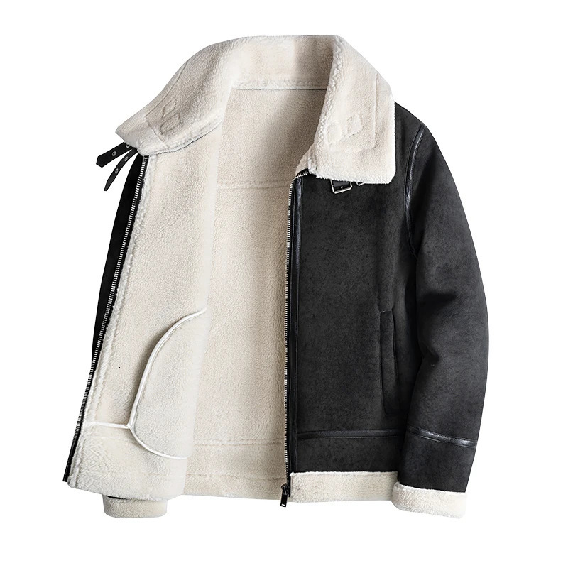 Mens Fur Collar Military Leather Coat Top Layer Cowhide Men Moto Jacket Natural High Quality Lamb Wool Male 250818