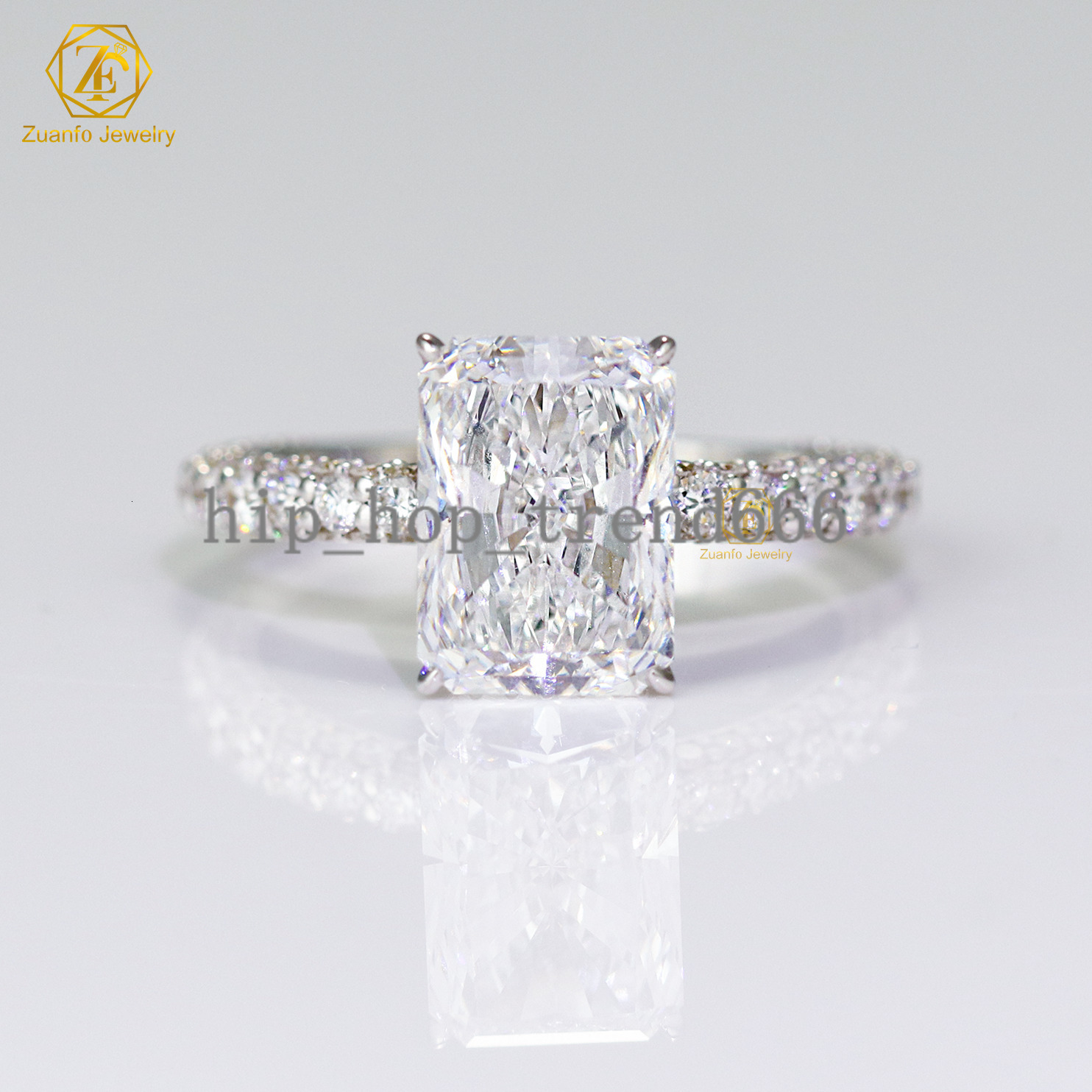 Luxury Design Women Moissanite Ring S925 14k 18k Real White Gold Ice Crushed Radiant VVS Moissanite Diamond Engagement Ring