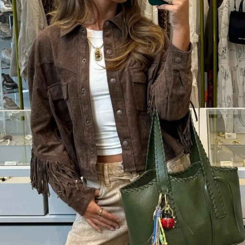 Chic Lapel Suede Jacket Women Vintage Tassel Decoration Long Sleeve Single Breasted Outerwear Trendy Casual Streetwear Coat 250811