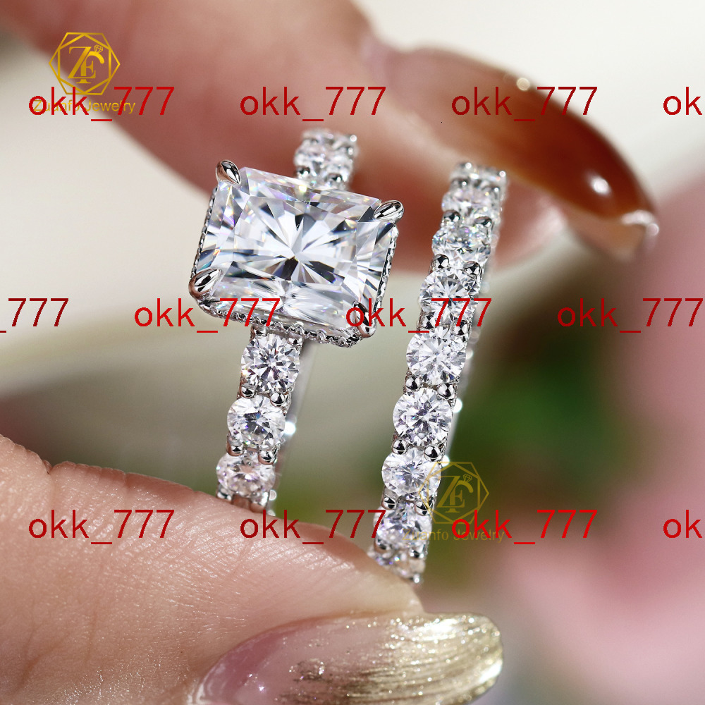 14K Solid White Gold 3CT 7x9mm Radiant Cut Moissanite Wedding Ring Set Round Moissanite Jewelry Couple Set for Bridal