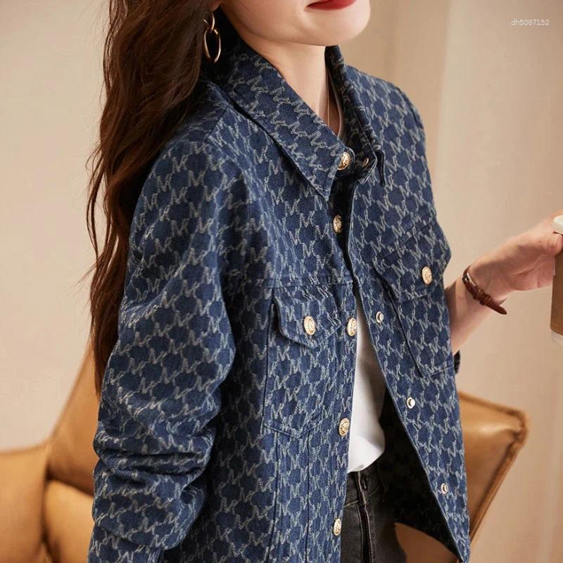Women's Wool Blue Denim Jackets With Print Outerwears Spring Autumn Graphic Female Jeans Coat On Sale Cowgirl Clothing Vintage Luxury