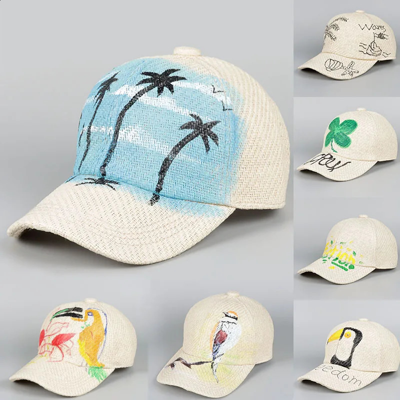 Straw Baseball Cap Men Women Summer Sun Hat 2025 Coconut Tree Letter Print Beach Protection Visors Mens caps 250807