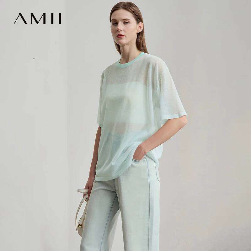 Designer Clothing 2025 AMII Casual Summer Knitted Sweater Women 2025 New Short Sleeve Round Neck Drop Shoulder Thin Sweaters Woman Fashion