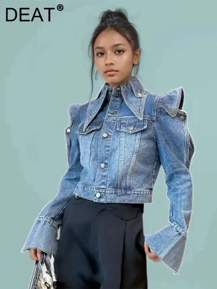 DEAT Trendy Womens Ruffled Edge Offshoulder n Denim Coat Autumn Fashion Lapel Long Sleeve Jacket Female 33A1708 250801