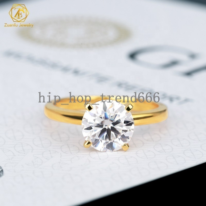 Wholesale Price S925 4 Prong Wedding Ring Yellow Gold Plated 925 Sterling Silver 2CT 8MM Round Moissanite Solitaire Ring