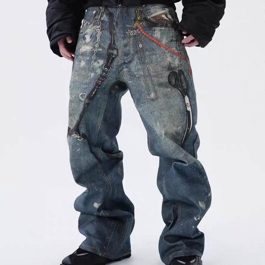 Style 24fw Niche 3D Cutter de chaîne imprimée Effet visuel Visual Loose Loose Light Lignet Pantalon Denim TRENDY