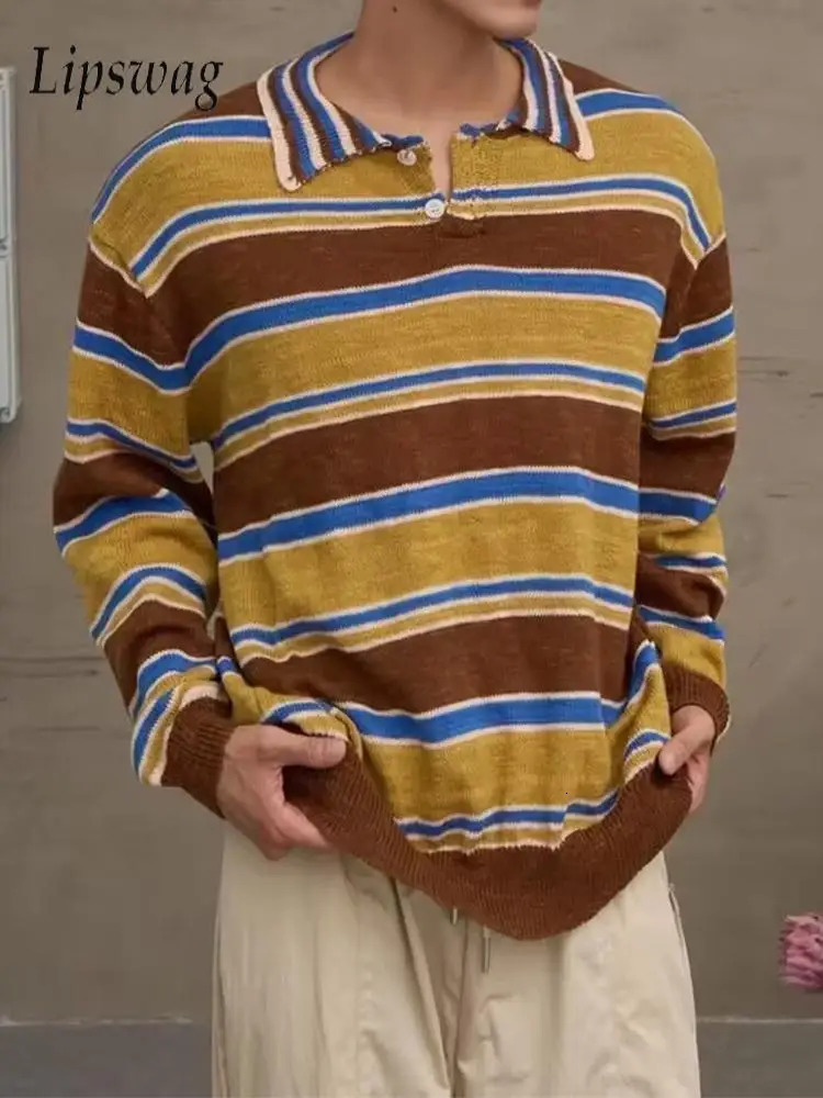 Stylish Patchwork Contrast Color Knit Tops Men Autumn Fashion Striped Knitting Polo Shirt Outdoor Casual Long Sleeve Mens Polos 250818