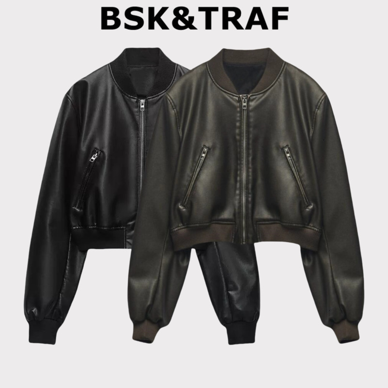 BSK TRAF Girl Stand Collar Distressed Faux Leather Bomber Jacket Womens Fashion w250815