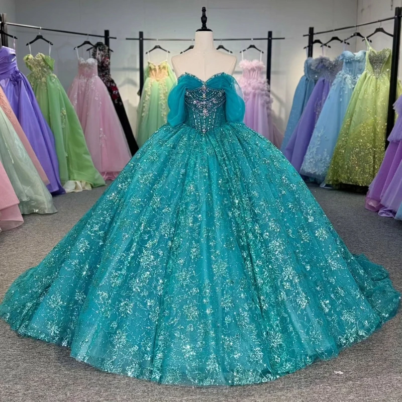 Green Shiny Quinceanera robes à paillettes Appliques perles en dentelle hors de l'épaule Vestidos de 15 Anos Birthday Party Prince Sweet 16 Robe