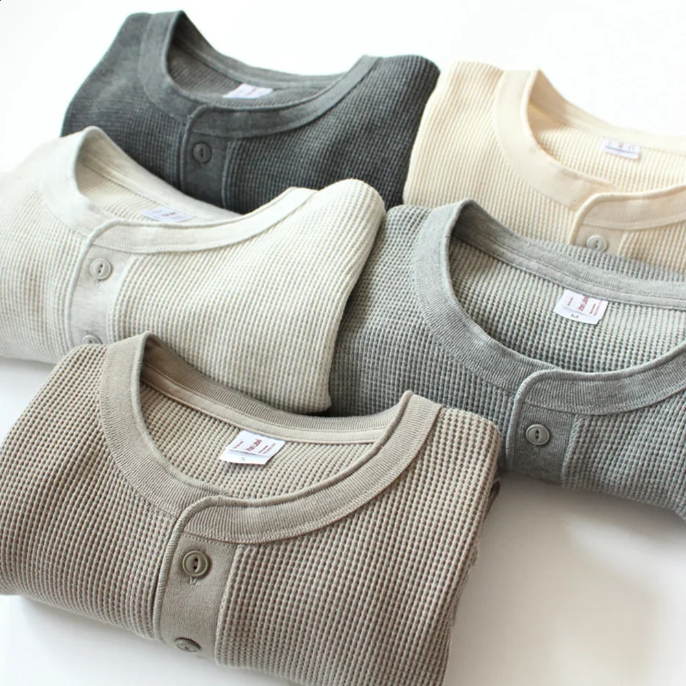 315g Heavy American Retro Khaki Sweater Shirt Waffle Cotton Henry Collar Long Sleeve Tshirt Men Slim Base Pullover 250801