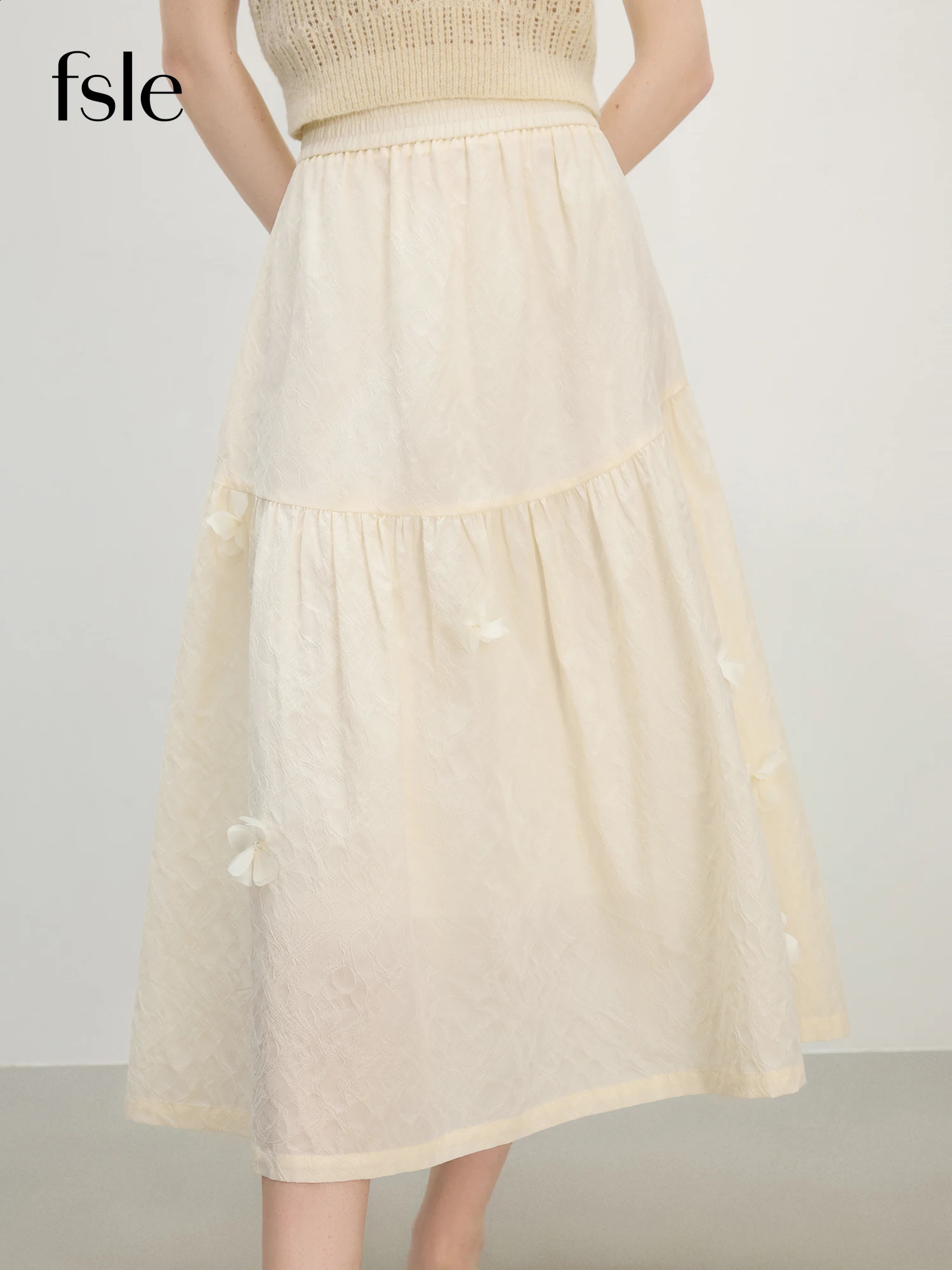 FSLE Summer 3D Floral Beaded Midi Skirt Tapered ALine Silhouette Artisanal Lace Trim for Elegant Occasions 250801