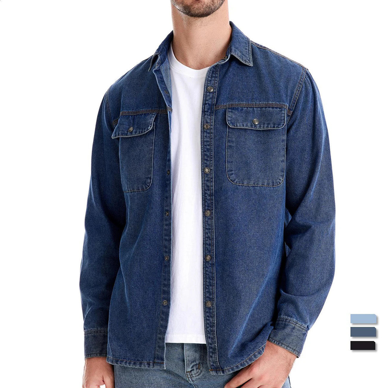AIOPESON Mens 100% Cotton Denim Shirts Double Pocket Casual Cowboy Long Sleeve Autumn Jeans for Men 250801