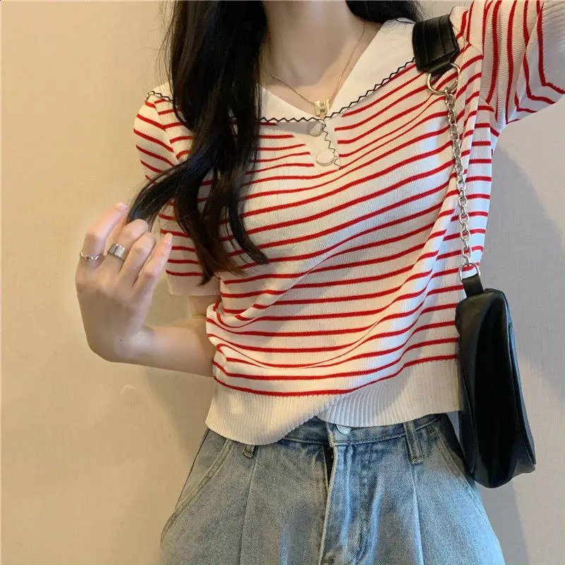 Women Clothes Summer Fashion Korean Button Contrasting Colors Polo Collar Ladies Simplicity Allmatch Striped Short Sleeve Tops 250813