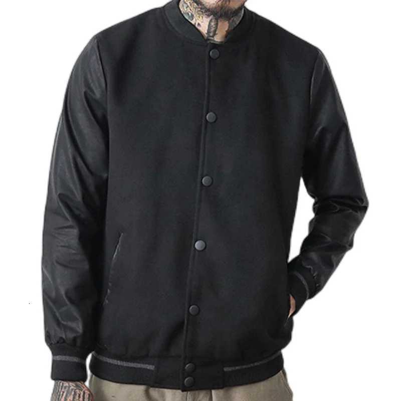 Japan Style Men PU Leather Patchwork Black Baseball Jacket 2025 Spring Autumn Stand Collar Mens Casual Varsity Woolen Coat XJ250818