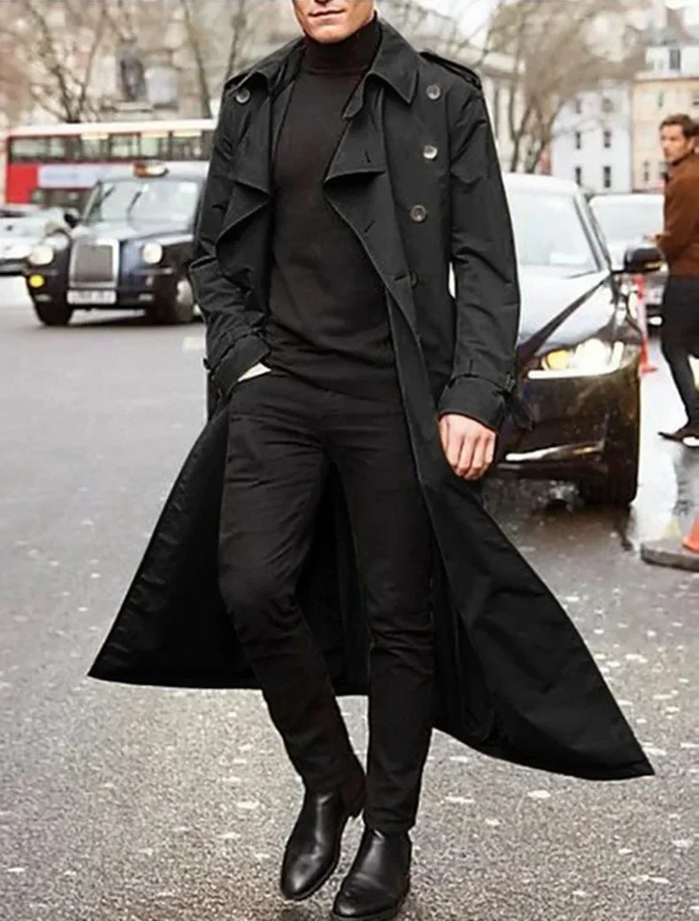 Mens Long Trench Coat Clothing Sleeve Loose Autumn Winter Solid Color Button Fashion Coats 250818