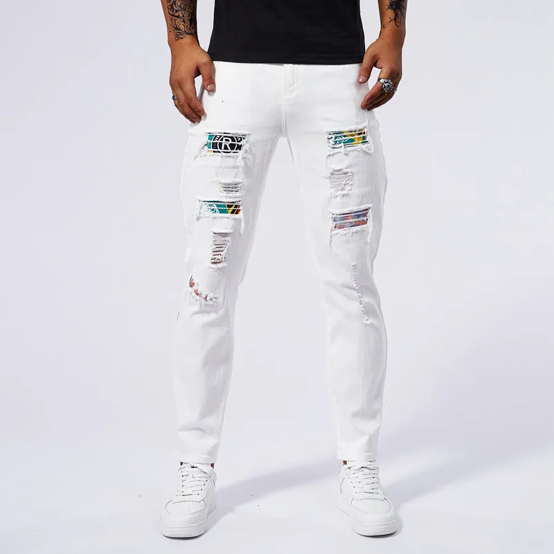 White ripped jeans for men summer slim fit straight leg casual pants stretch denim 250818