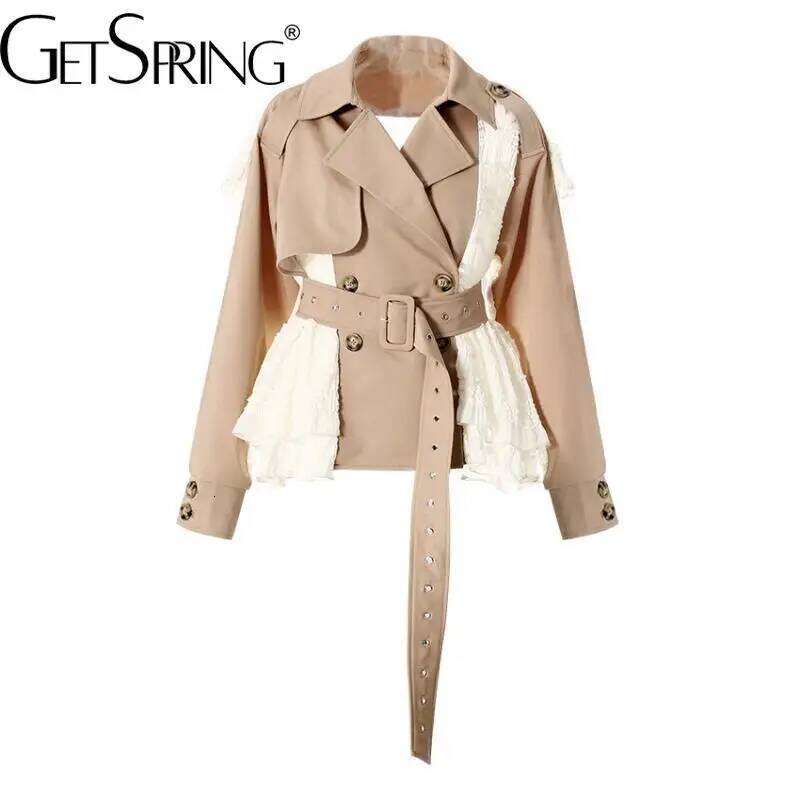 Getspring Women Trench Coat Autumn Double Breasted Belt Lace Ed Female Windbreaker Fashion All Match Short Ladies Top