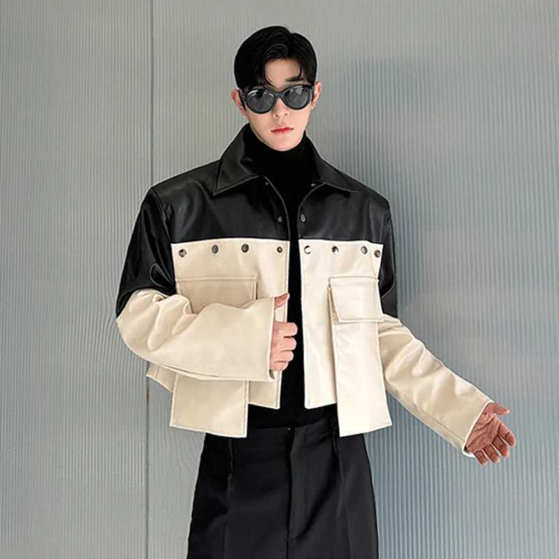 100% High Street Mens Big Pockets Short Jackets Casual Turn-down Collar PU Leather Contract Color Trendy Autumn 2024 XJ250818