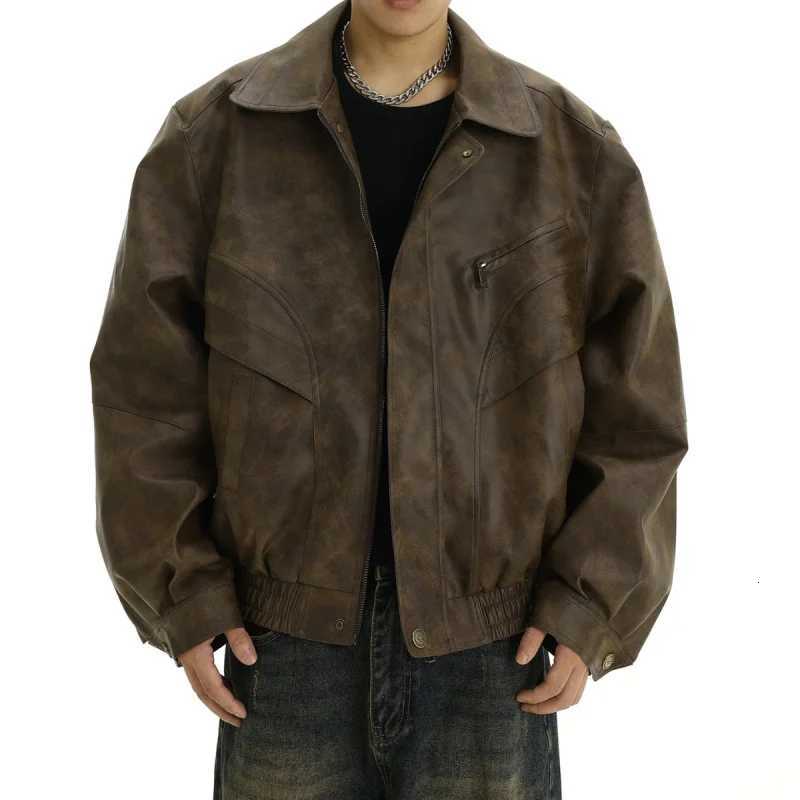 Mens Leather Jacket American Style Retro Brown Make Old Coat High Street Fashion Casual Baggy Polo Collar Jacket for Men XJ250818