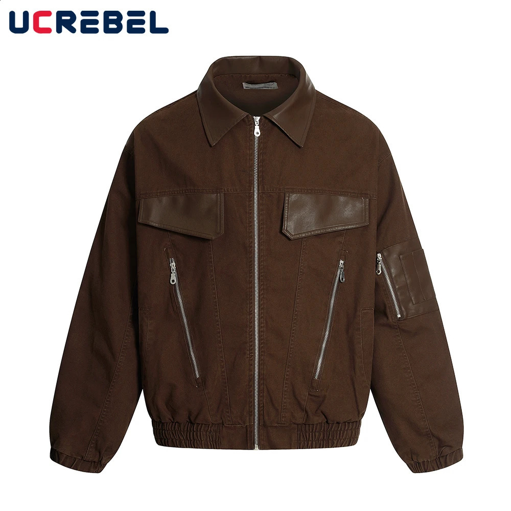 Retro Spliced Cargo Jacket Mens Autumn Zipper Decoration High Street Lapel Long Sleeve Loose Outerwear Man 250815