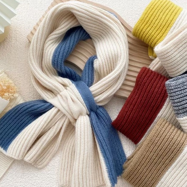 K1676 Korean style short knitted scarf for women, cross design and color matching, autumn and winter lazy neck protection and warmth