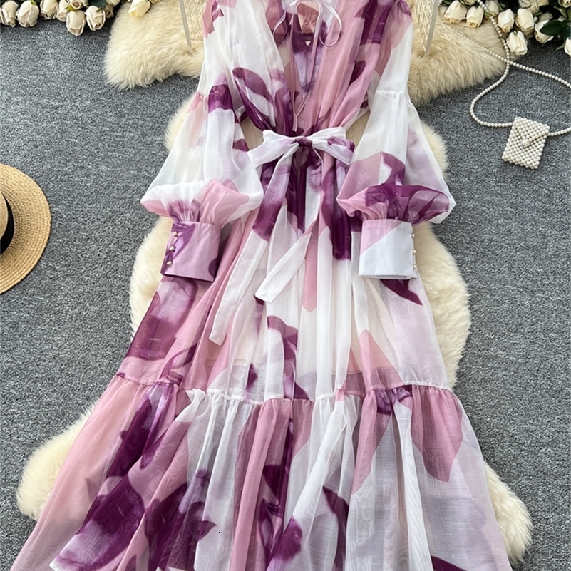 SINGREINY Elegant Print Loose Dress Summer Lantern Sleeves O Neck Sheer Lace Up n 2025 Women French Court Long Sundress 250808
