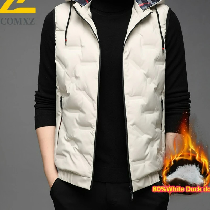 Winter Down Jacket Vest Mens Fashion y Detachable Cap White Duck Warm Parka Casual Thick Sleeveless Puffer Coat 250818