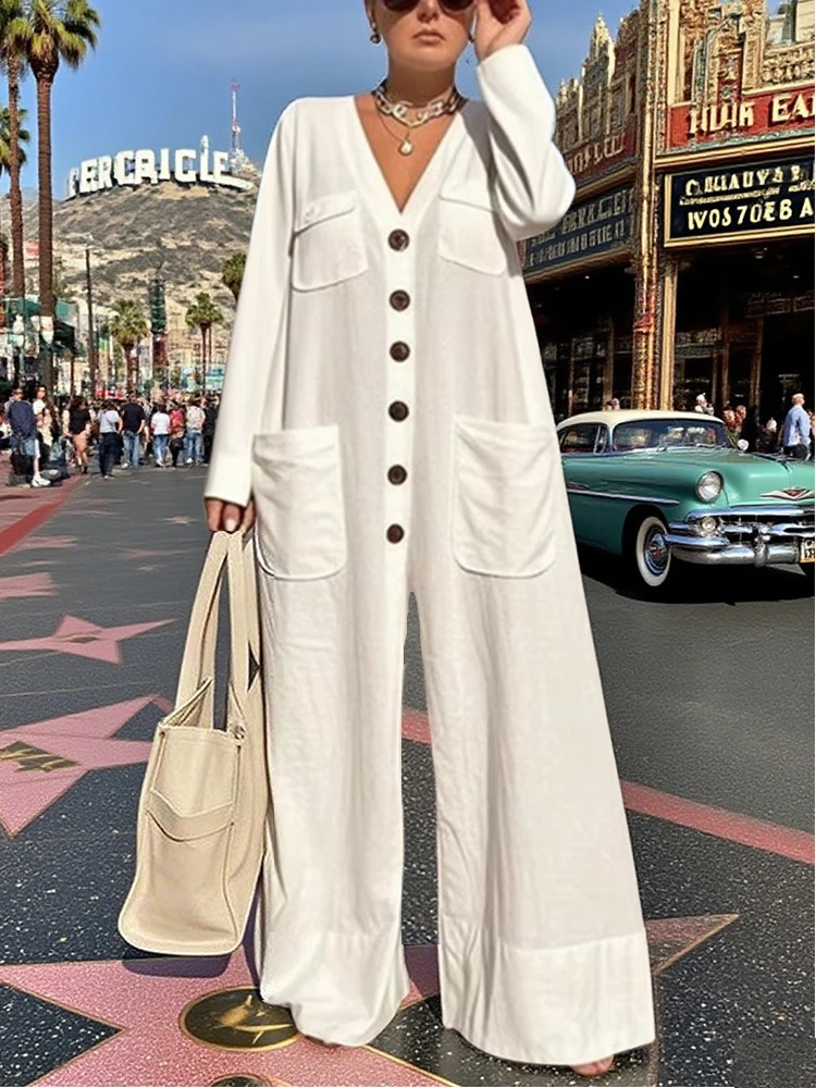 Gymystars Wide jambes Sauthoueurs pour femmes combinaisons de poche de mode blanc Vneck Longes manches boutonnées boutonnées élégantes Rompères 2