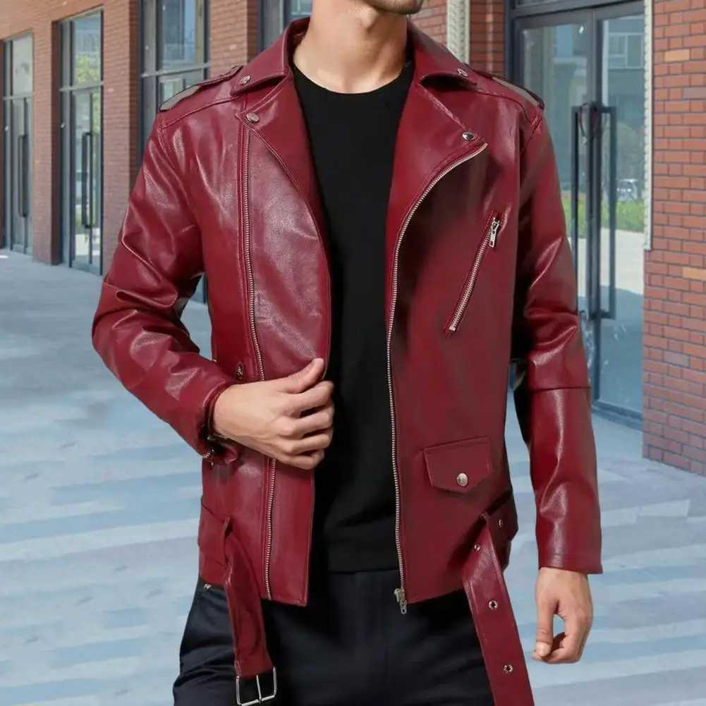 Veste à la veste des hommes Couleur massive Veste hommes Eley Mens Slim Fit Faux Veste en cuir avec réglage de la courroie à fermeture éclair dia