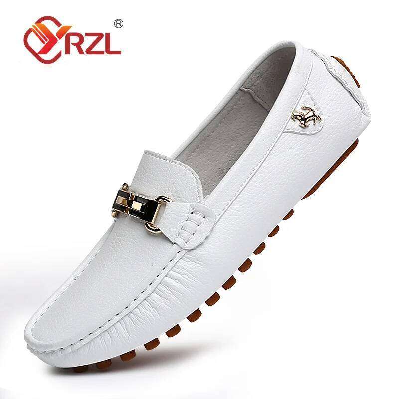 YRZL Handmade PU Leather Loafer Casual Driving Flats Slip-On Comfy Moccasins White Loafers Shoes Men