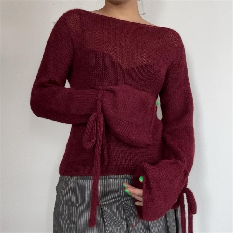 Gaono Vintage Flare Sleeve Knitted Backless Tie Up Autumn Winter Sweater Women Loose Y2K Aesthetic Harajuku Pullover Fairycore 250808