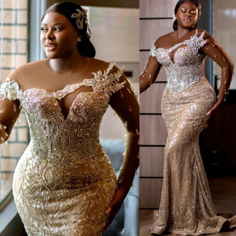 Aso Ebi Champagne Mermaid Prom Dresses 2025 Crystals Illusion Sequined Evening Formal Party Second Birthday Engagement Gowns Plus Size Dress For Spe