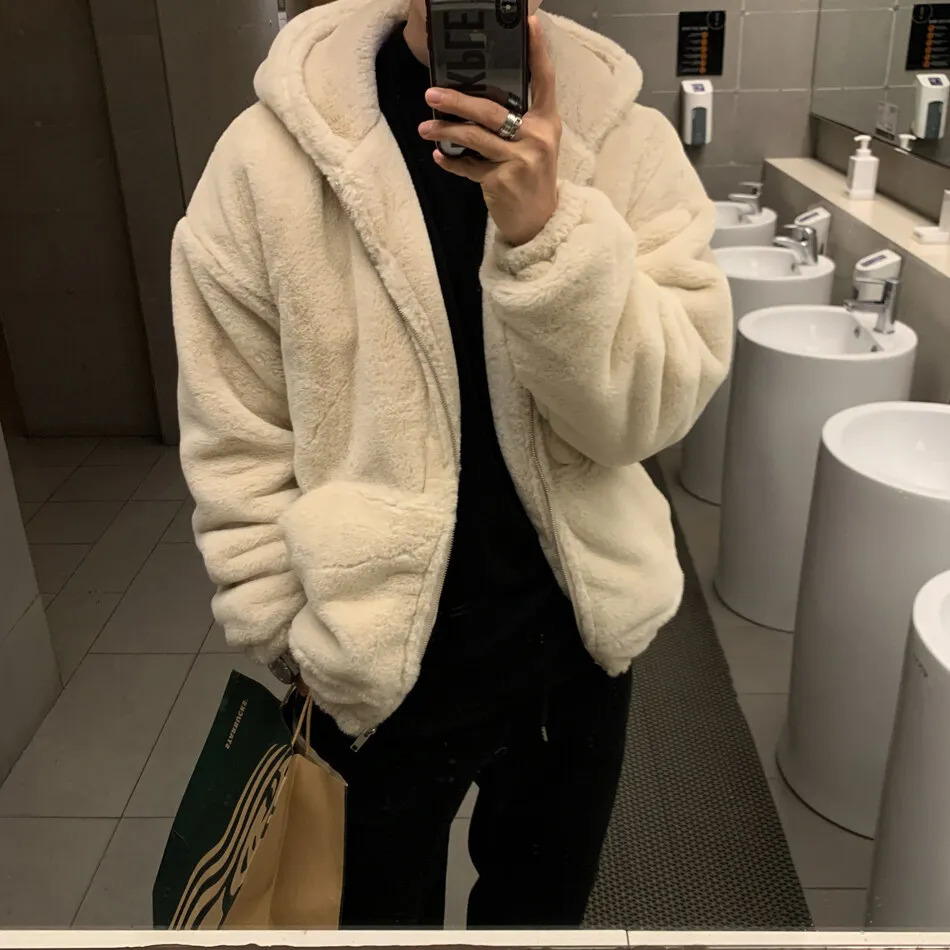 Winter faux lamb wool jacket mens padded thickened cotton clothing loose fleece 250818
