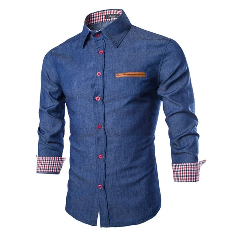Mens Denim Shirts Long Sleeve Men Dress Shirt Fashion Slim Fit Style Navy Blue Jeans Male Longsleeve for 250801
