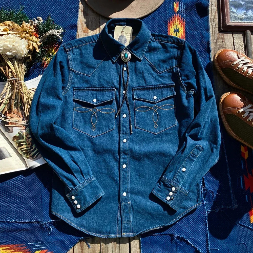 Tailor o American Retro Heavyweight Long Sleeve Shirt Classic Pocket Flower Jewel Button Western Denim Mens Slim Fit 250801