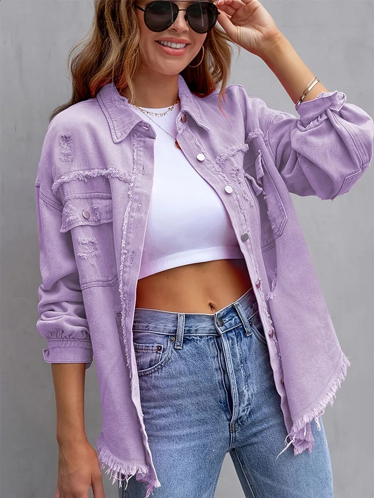 Hip Hop Rough Edges Denim Jacket Ripped Pocket Lapel Long Sleeve Singlebreasted Vintage Jeans Coat Women Spring 250801