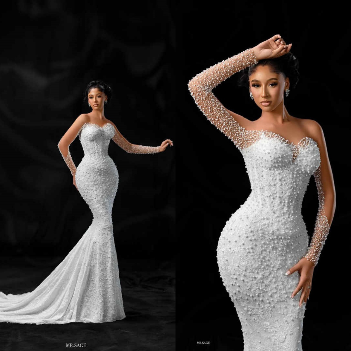 Elegant Wedding Dress Beading Rhinestone Bridal Gowns Detachable Train Long Sleeves Princess Bride Dress Plus Size Customized