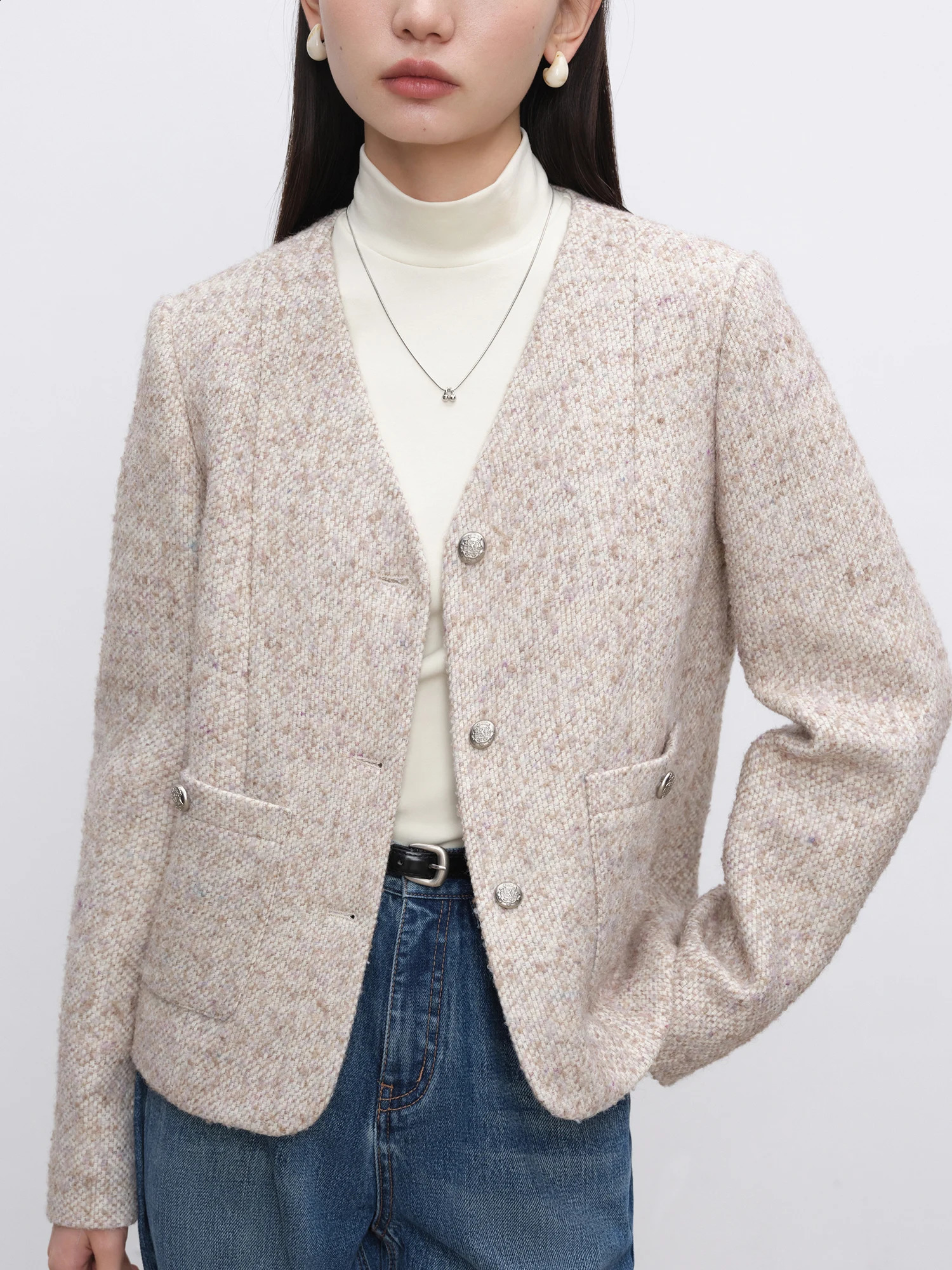 Ziqiao 146% Femmes en laine Tweed Veste Tempérament Vneck Femme Femme Courte courte Classe Full Single Poit