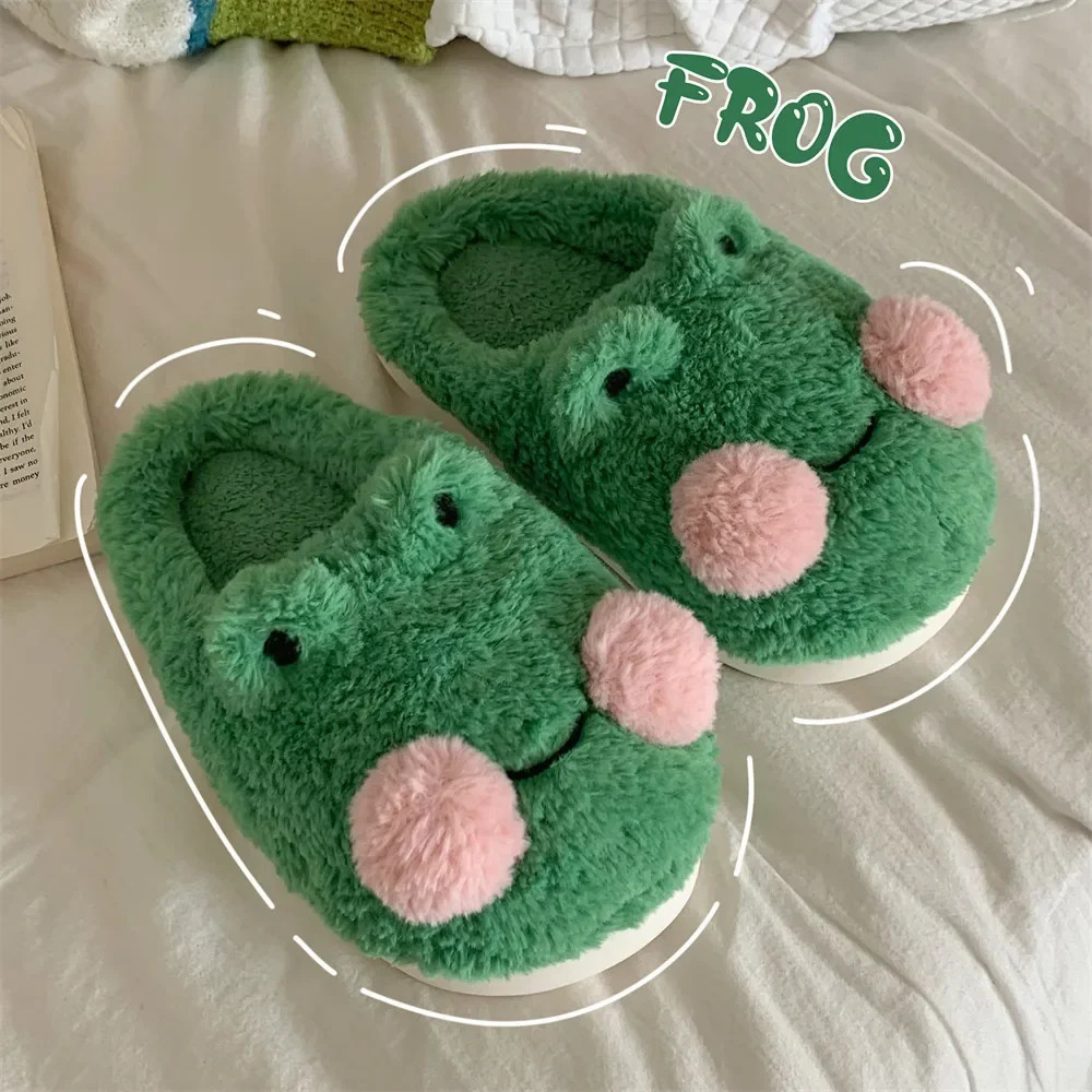 Cute Cartoon Frog Cotton Slippers Women Men Winter Warm Shoes Soft Fur Thick Sole Anti-slip Couples Indoor Home Floor Slides 250814