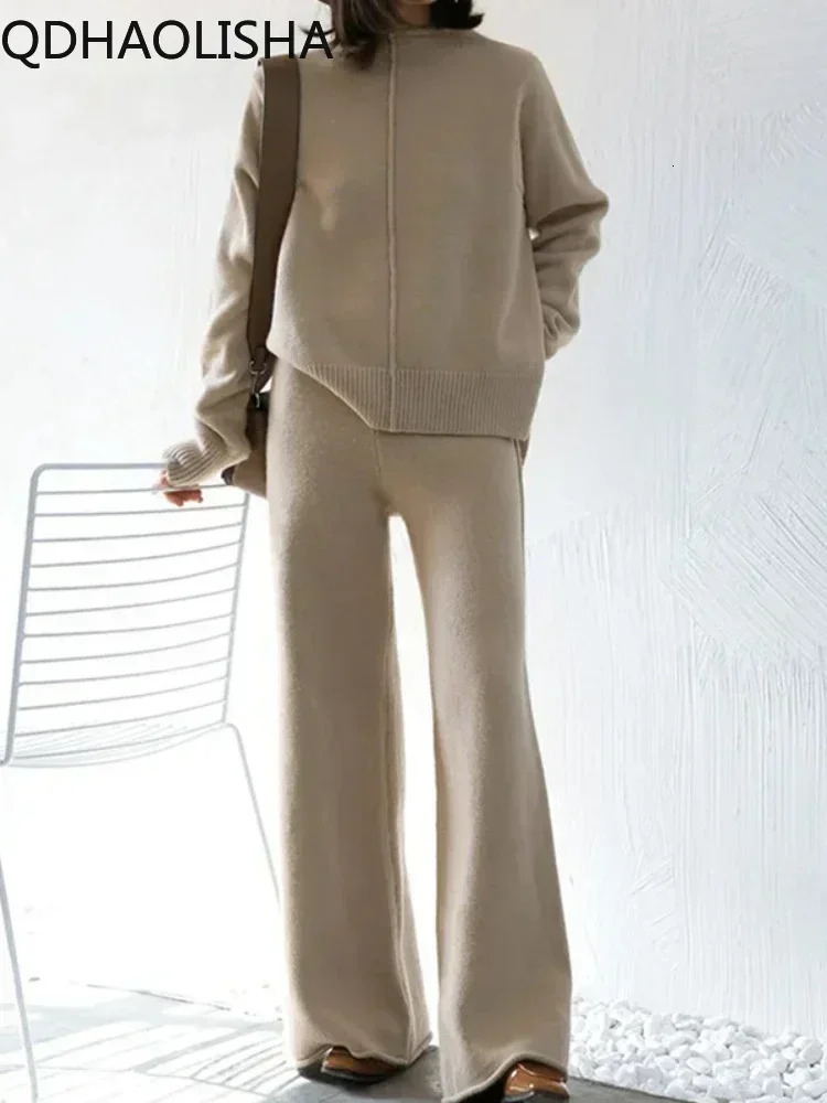 Femmes Ensembles de deux pièces Audmer Winter High Taist Pantalon de jambe large Pantalon tricot élégant o cou à manches longues Pantal chaud déc
