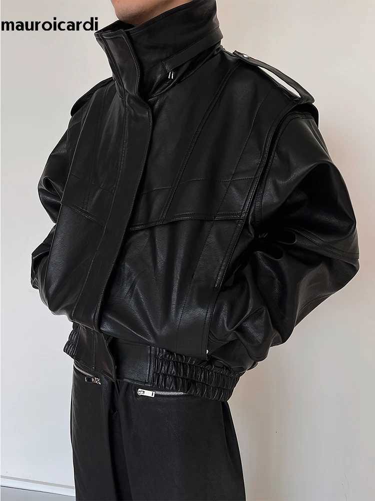 Mauroicardi Autumn Winter Oversized Cool Waterproof Windproof Black Pu Leather Jacket Men Zip Up Luxury Designer Clothes 2023 XJ250818