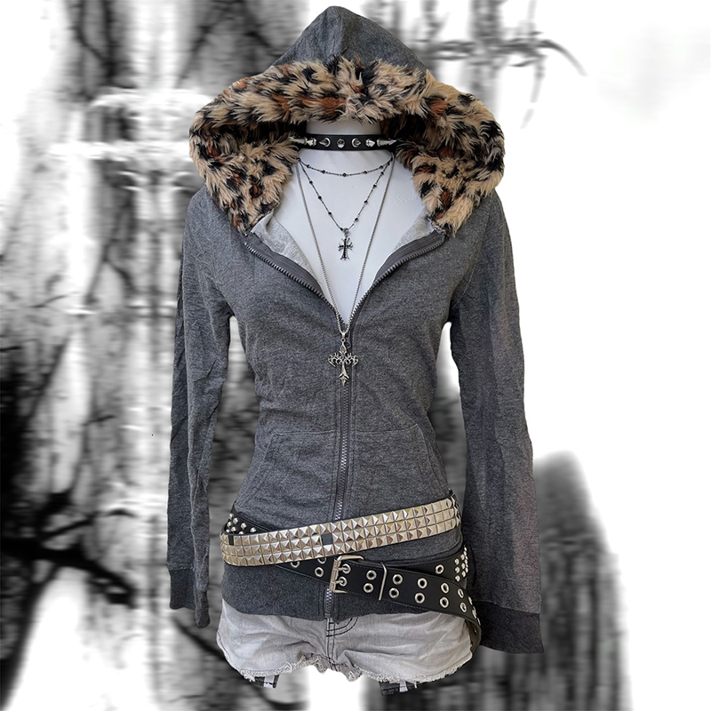 Y2K Women Graphic Leopard Print Hoodies Clothes Hip Hop Punk Goth Warm Hairy Hooded Sweatshirt Gothic Retro Streetwear EMO Girl 250815