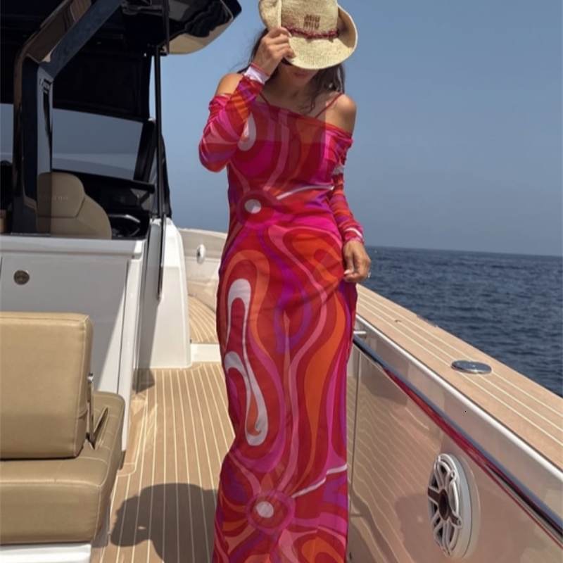 Fashion Print Beach Long Dress Summer Women Spaghetti Strap Sleeve ONeck Dresses Lady Robes w250730