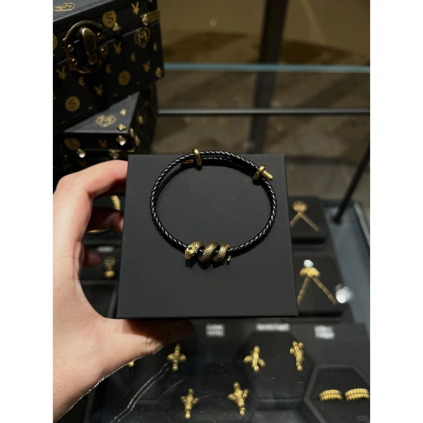 Men's Gold Snake Charm Bracelet, Black Braided Adjustable Bracelet, Hip Hop Style Animal Jewelry for Fashion Accessory & Gift
