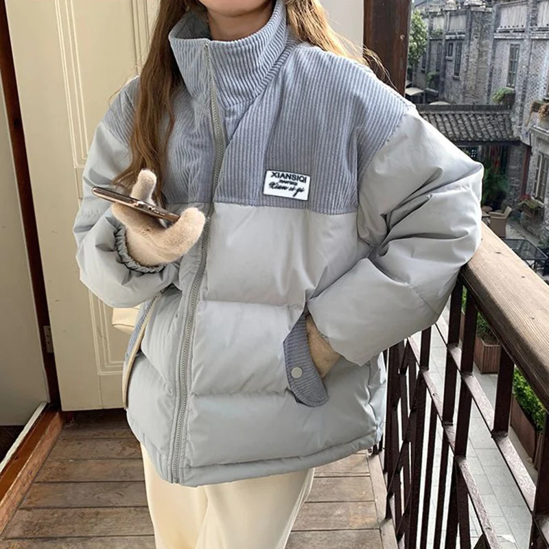 Korean Fashion Patchwork Corduroy Parkas Women Stand Collar Zipper Down Cotton Coats Woman Long Sleeve Thickhen Warm Jackets 250815