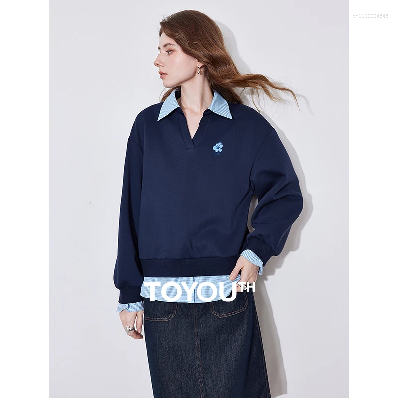 Women's Hoodies TOYOUTH Women Sweatshirt 2025 Spring Fake Two Piece Turn Down Collar Casual Pullover Tops
