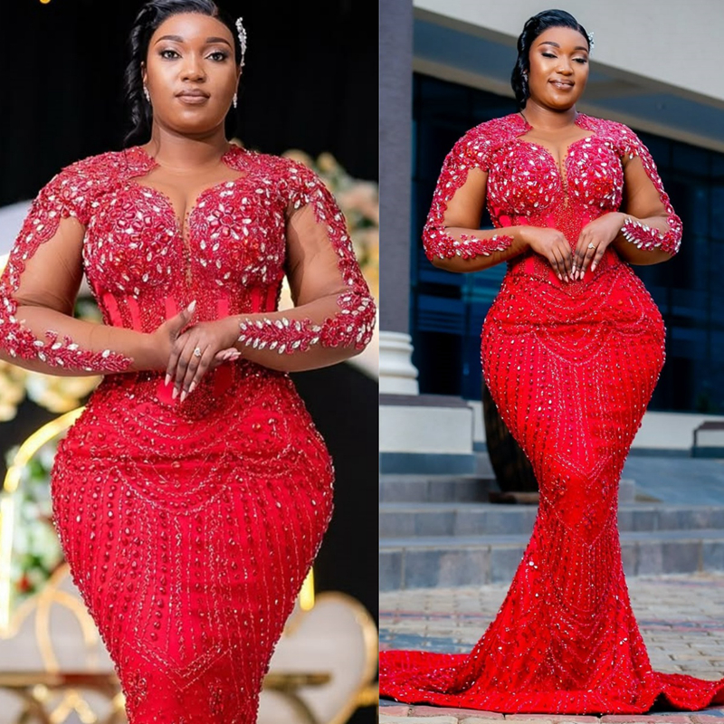 Plus Size Red Mermaid Prom Dresses Evening Dresses For African Black Women Sheer Neck Beaded Lace Illusion Crystals Birthday Dress Second Reception